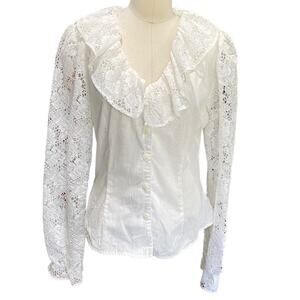My Michelle White Lace Button-Down Blouse with Ruffle Collar